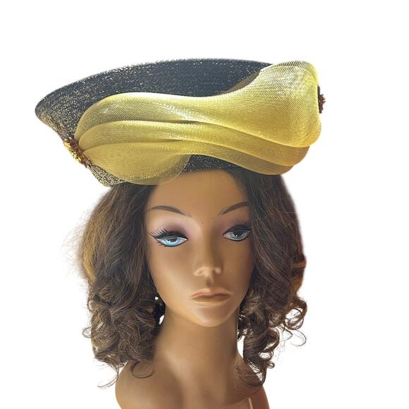 Vintage Cocktail/Derby hat black and gold with a yellow tulle accent main image 7